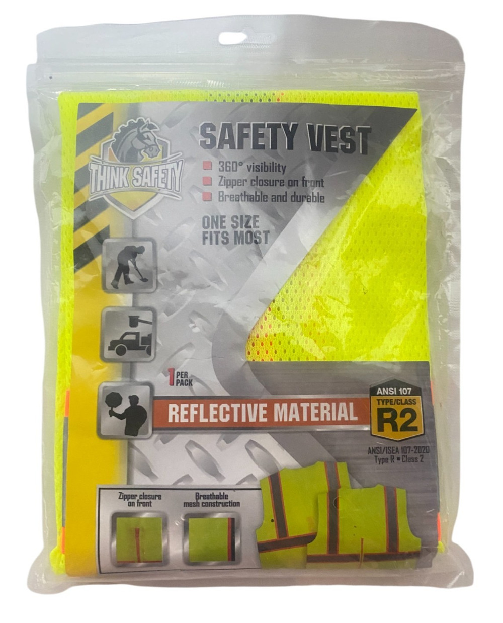 Bunzl Think Safety ANSI Class 2 Hi-Vis Safety Vest One Size Fits Most Type R